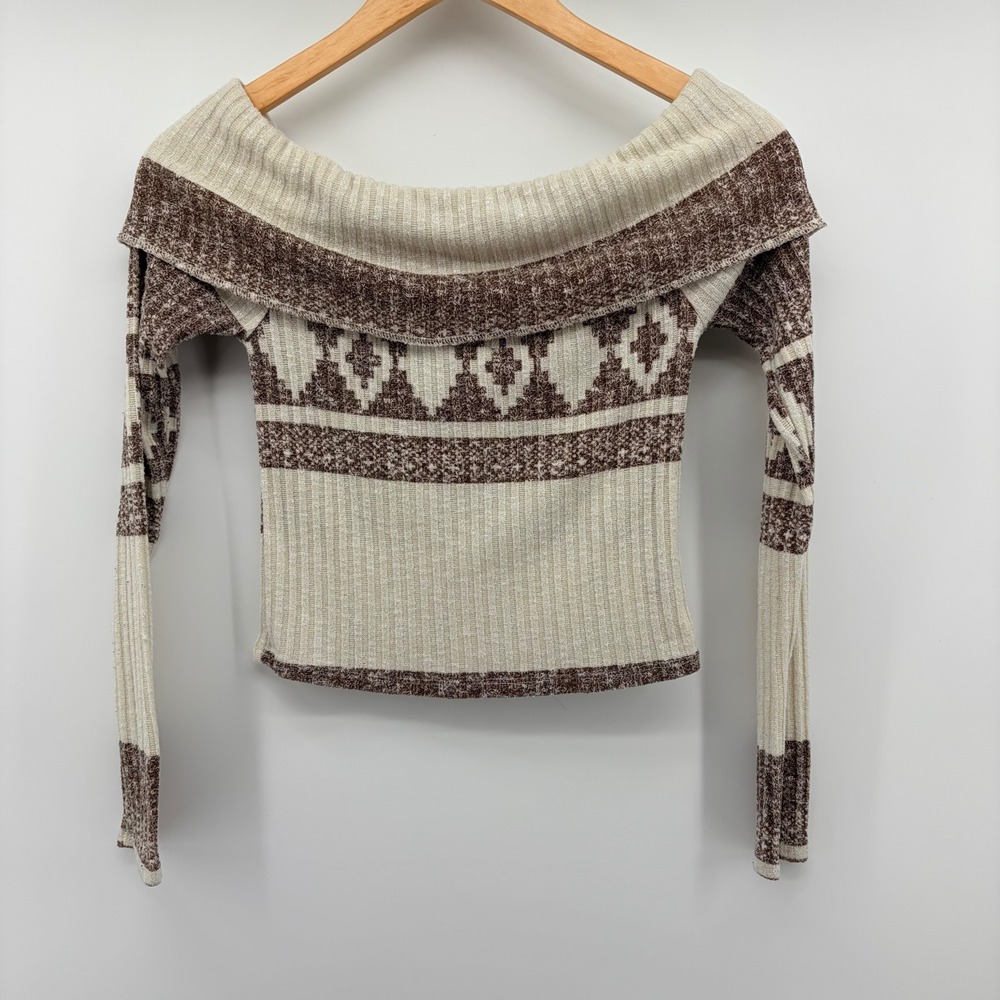 Out From Under Top Womens M Cream Brown Fair Isle Off Shoulder Ribbed Knit Crop